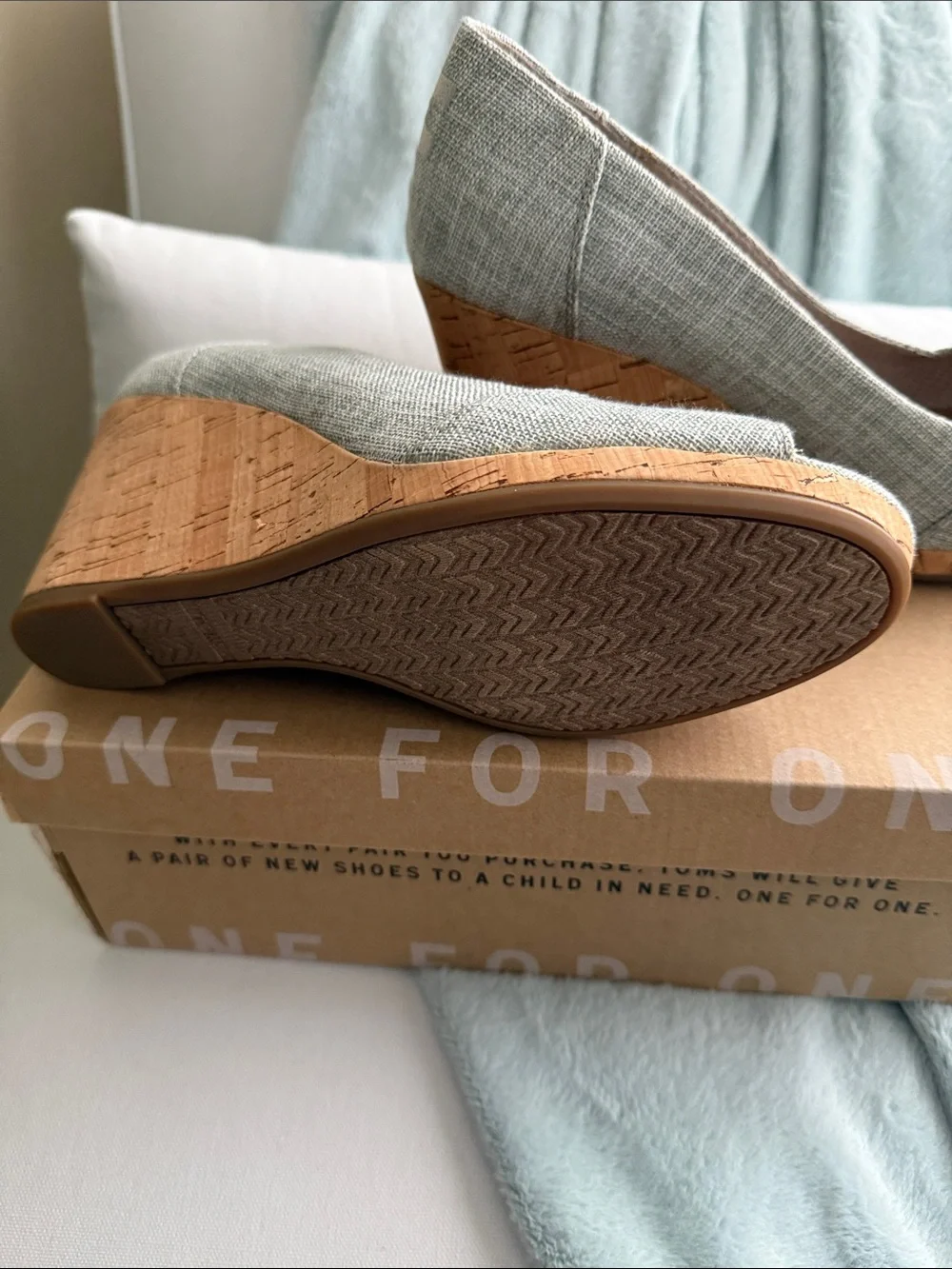 TOMS Light Denim Blue/grey Linen Peep-Toe Cork Wedge Heels